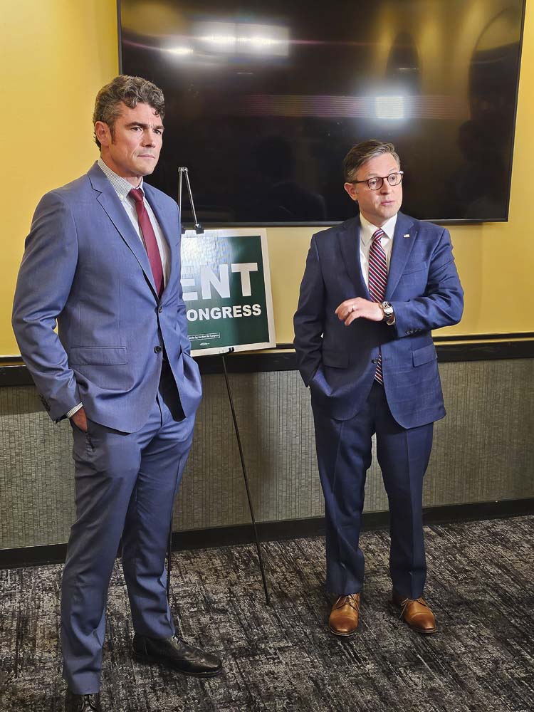 Joe Kent and House Speaker Mike Johnson addressed members of the media prior to a fundraiser for the 3rd Congressional District candidate. “We’re very bullish about November,” Johnson said. Photo courtesy John Ley