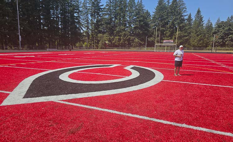 There is a new turf at the practice field at Camas High School and a new football coach — Adam Mathieson. Photo by Paul Valencia