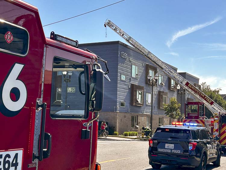 Clark County Fire District 6 helped with Vancouver Fire at an apartment complex in Vancouver on Monday. More than a dozen residents were displaced, and many found shelter at the Ridgefield Church of the Nazarene. Photo courtesy Clark County Fire District 6 Facebook page