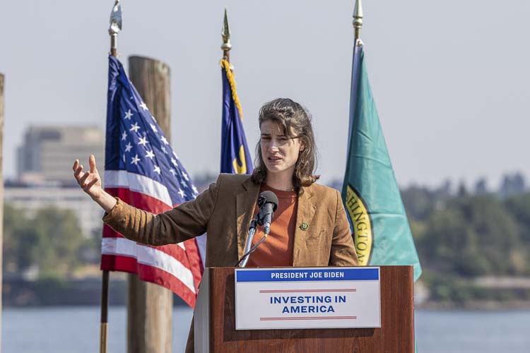 Congresswoman Marie Gluesenkamp Perez is shown here at an August event announcing more federal funding for the I-5 Bridge replacement project. Photo by Mike Schultz