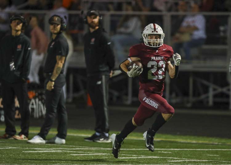 Preston Hill of Prairie scored three touchdowns in the Falcons’ rivalry victory over Battle Ground on Friday night. Photo courtesy Chris Barker