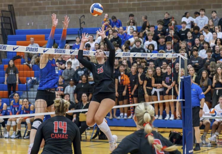 Kendall Mairs, showing off her high-flying skills earlier this season for the Camas Papermakers, was first-team, all-league as a freshman and a sophomore, and then the 4A GSHL volleyball co-player of the year last year as a junior. Photo courtesy Jeremiah Chevrolet Stephen