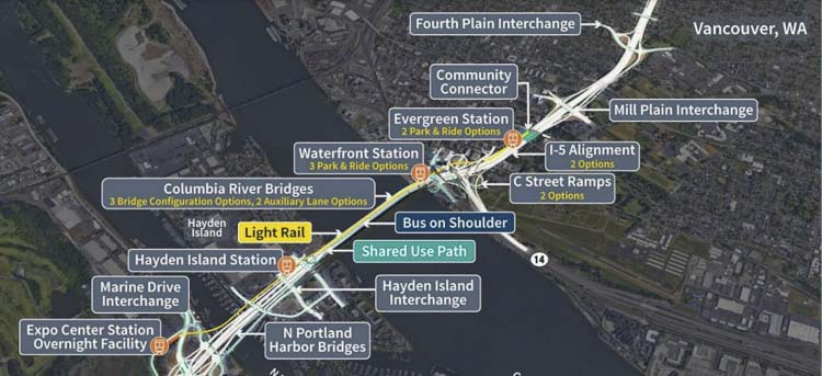 There are numerous options on various components of the project. This graphic shows the overall project and lists many components with multiple options like park and ride facilities, alignment options, and bridge configuration options. Graphic courtesy Interstate Bridge Replacement Program