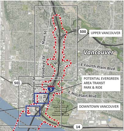 The red dashed line shows areas of Vancouver that will be impacted by the proposal. One option moves the alignment of the bridge 40 feet to the west, impacting even more properties. Graphic courtesy Interstate Bridge Replacement Program