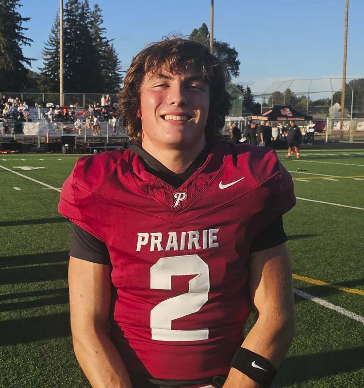 Prairie’s Jackson Kimball joked that maybe the Battle Ground School District should be renamed Prairie School District after Kimball caught the game-winning touchdown against Battle Ground on Friday night. Photo by Paul Valencia