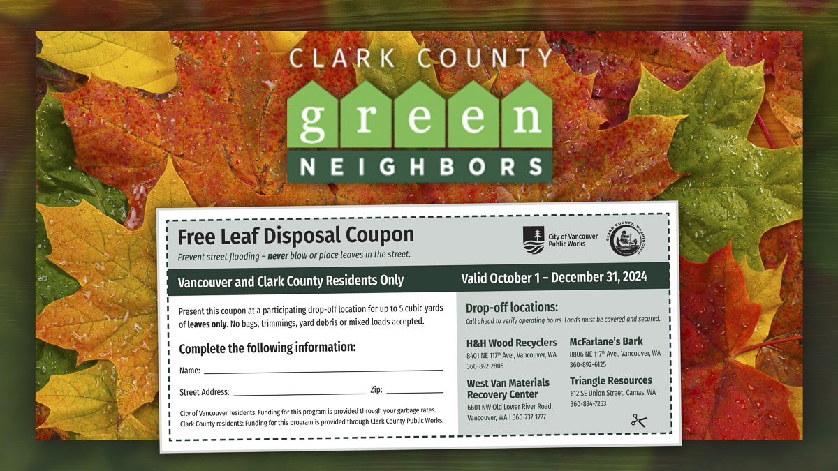 Clark County encourages residents to properly dispose of leaves to prevent storm drain clogs.