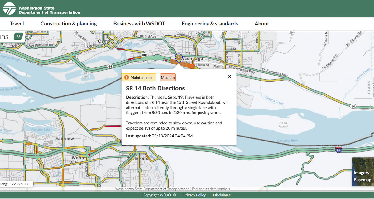 WSDOT crews will perform paving work on SR 14 near Washougal River Road, causing daytime delays with single-lane closures.