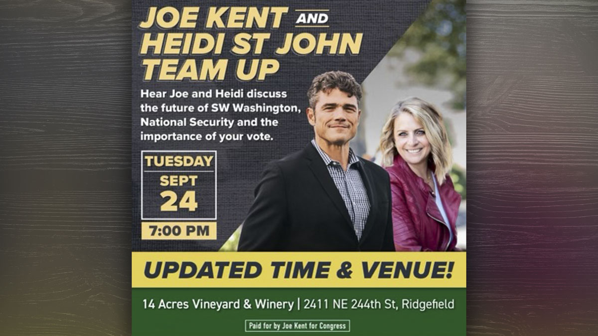 Joe Kent and Heidi St. John team up for the 3rd Congressional District race, planning to discuss the future of Southwest Washington at a Ridgefield event.