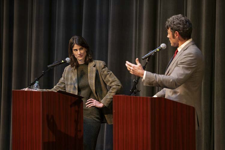 Incumbent Marie Gluesenkamp Perez, left, reacts to a statement from challenger Joe Kent during a Washington 3rd District Congressional debate at Lower Columbia College in Longview on Wednesday (Oct. 2). Photo courtesy Kody Christen/kody@chronline.com