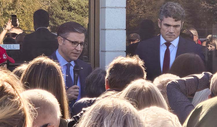 United States Speaker of the House Mike Johnson, with the microphone, and Joe Kent rallied Kent supporters Thursday in Ridgefield as the race for the 3rd Congressional District continues. Photo by Paul Valencia