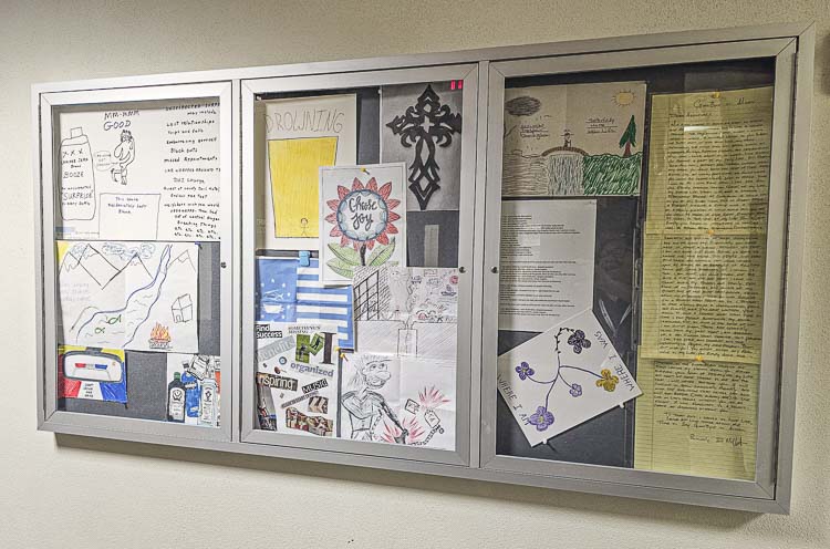 Some of the artwork from participants of DUI Treatment Court are on display at the courthouse. Photo by Paul Valencia