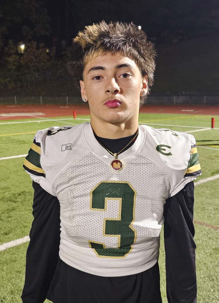 Evergreen linebacker Damian Perez made a bunch of great plays Friday night in Evergreen’s win to clinch a league title. A 15-year-old, Perez was not alive the last time Evergreen won a football league title. Photo by Paul Valencia