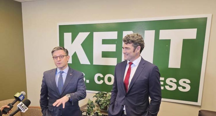 United States Speaker of the House Mike Johnson, left, and Republican congressional candidate Joe Kent also answered questions from the media after their rally Thursday in Ridgefield. Photo by Paul Valencia