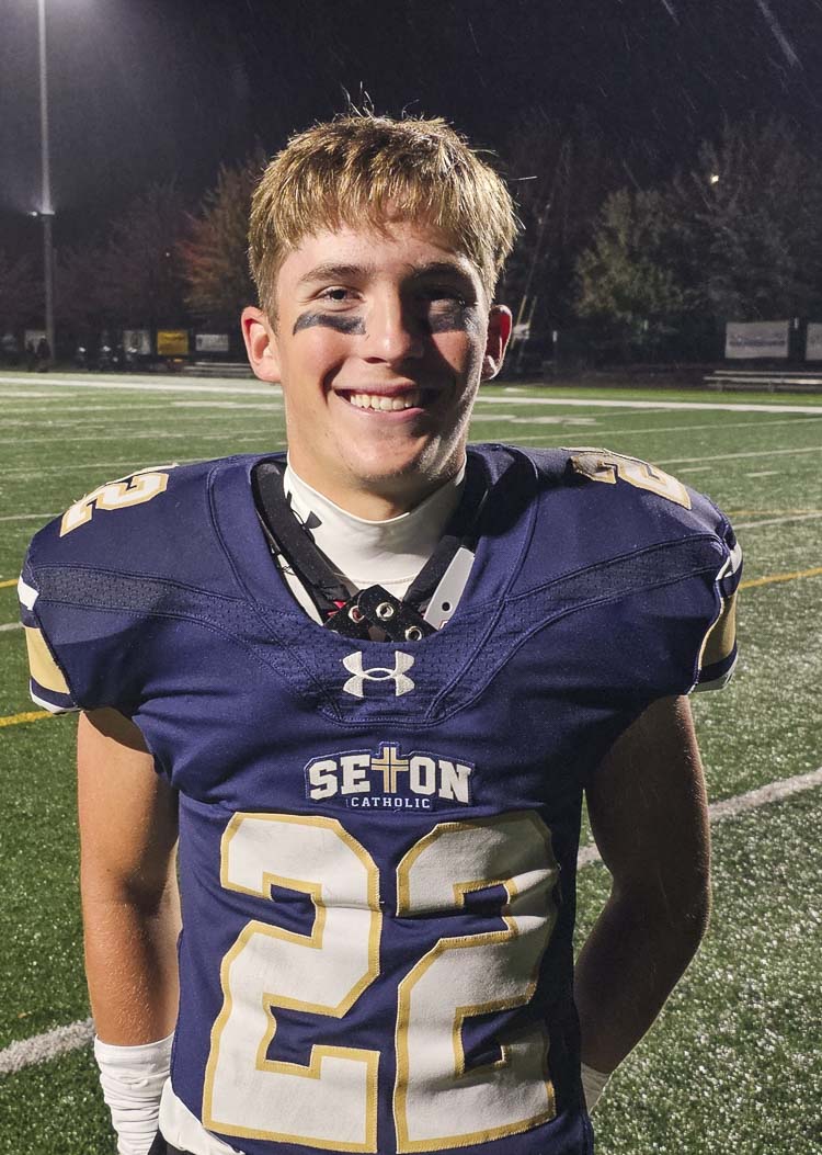 Teddy Wieczorek of Seton Catholic, who caught two touchdown passes Friday night, said it is important to realize that Seton Catholic and KIng’s Way Christian athletes play for God. Photo by Paul Valencia