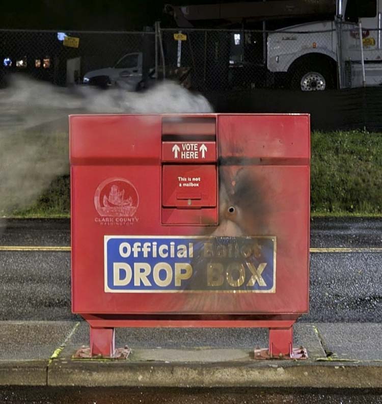 Vancouver Police responded Monday (Oct. 28) morning at about 4 a.m. to an arson at a ballot box located at 3510 SE 164th Ave. in Vancouver. It was reported that the ballot box was smoking and on fire. Photo courtesy Kathleen Boozer