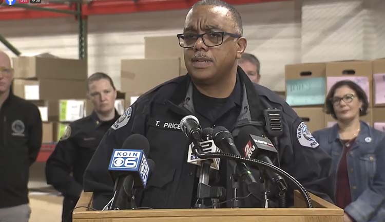 Vancouver Interim Police Chief Troy Price participated in a press conference Monday addressing the recent early morning fire at a ballot box in east Vancouver. Screen grab courtesy KATU News