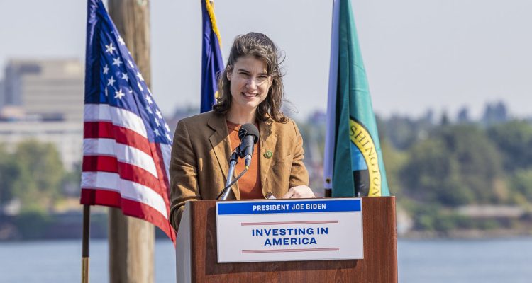 Congresswoman Marie Gluesenkamp Perez spoke at a funding announcement for the I-5 Bridge replacement project in August. Photo by Mike Schultz