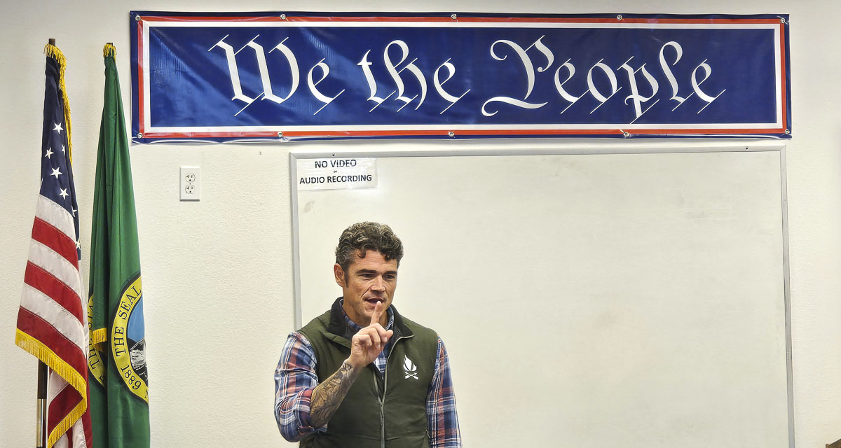 Joe Kent makes a point during a town hall Thursday morning in Vancouver. The Republican candidate for Washington’s 3rd Congressional District has 15 more town halls scheduled for October, including several in the Vancouver area. Photo by Paul Valencia