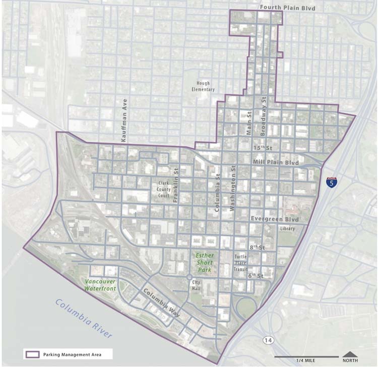 Vancouver’s Parking Management Area (PMA) is the focus area for the Downtown Access, Mobility and Parking Plan. Image courtesy city of Vancouver