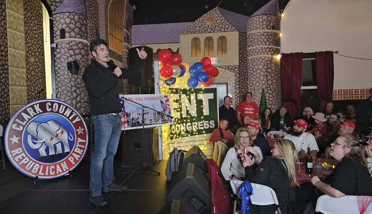 Joe Kent reminded his supporters to keep their spirits high at the Clark County Republican Party Election Night Watch Party on Tuesday. Early results have Kent behind in the race for the 3rd Congressional District seat, but there were plenty of ballots left to count. Photo by Paul Valencia