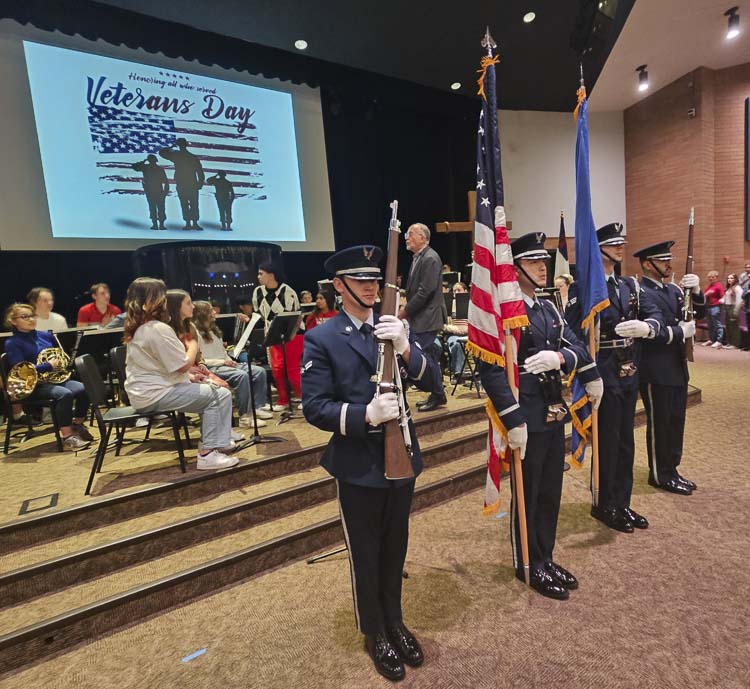 Airmen from Joint Base Lewis-McChord traveled to Vancouver to present the colors at the Veterans Day ceremony held at King’s Way Christian Schools on Wednesday. Photo by Paul Valencia