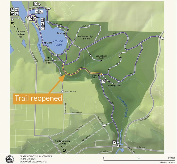 This map shows the location of the reopened trail portion. Image courtesy Clark Co. WA Communications