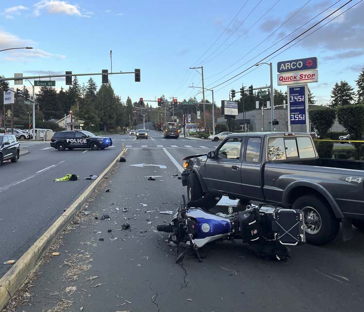 A pickup truck and motorcycle crashed Friday resulting in the rider with life-threatening injuries. Photo courtesy Vancouver Police Department