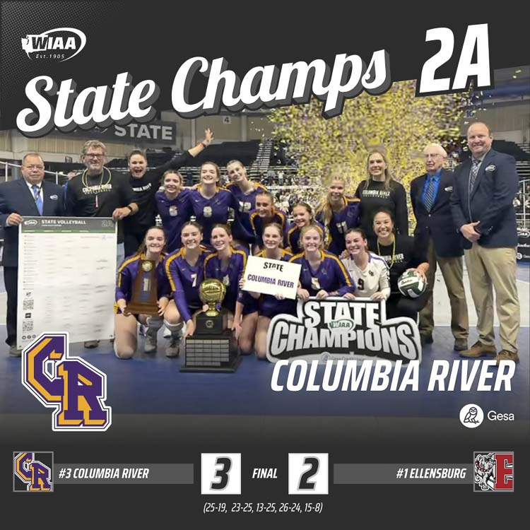 This keeps happening: Columbia River won its fourth consecutive Class 2A state volleyball championship on Saturday. Image courtesy WIAA