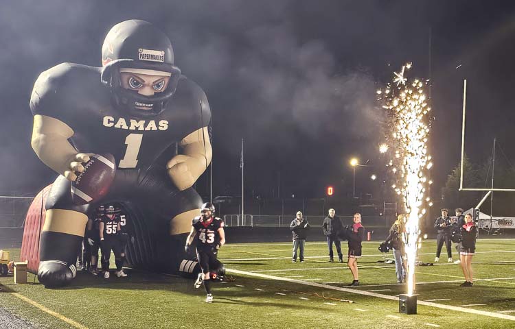 Sparks fly as Nikko Speer is introduced to the home crowd Friday night at Doc Harris Stadium in Camas. Photo by Paul Valencia