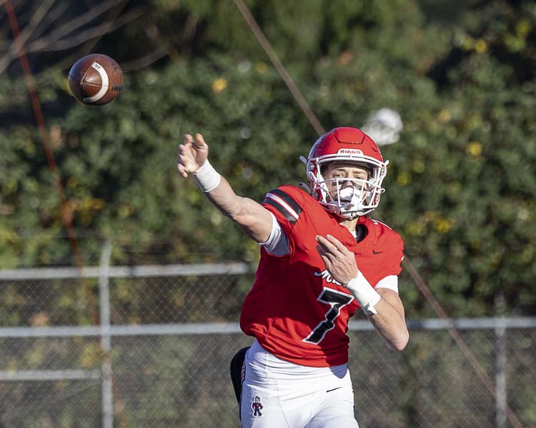 Jake Davidson had 260 yards passing and threw four touchdown passes in Camas’ 28-20 win over Gonzaga Prep in the state semifinals Saturday at McKenzie Stadium. Photo by Mike Schultz