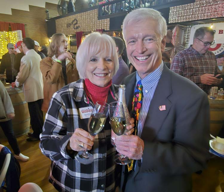 Liz Cline and John Ley celebrate early returns Tuesday at the Clark County Republican Party Election Night Watch Party. Ley had a small lead for State Representative Position 2 out of the 18th Legislative District. Ley noted he was not celebrating a victory, just enjoying election night festivities. Photo by Paul Valencia