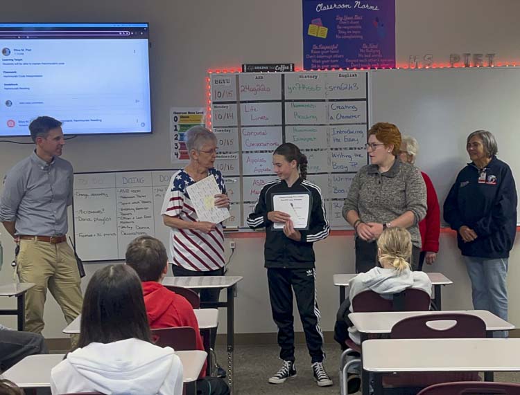 CCMS student Skyla Ostenson VFW auxiliary presentation. Photo courtesy Washougal School District