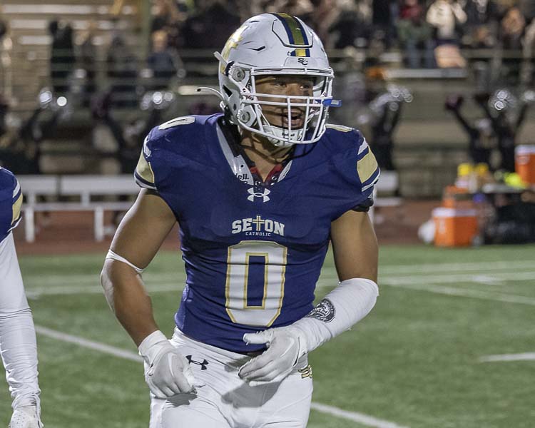 Aeven Napoleon set the tone for the Seton Catholic defense Saturday with two big tackles early in the game against Montesano. Photo by Mike Schultz