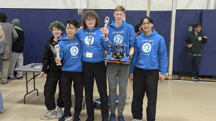 The I.F. Robotics team from Vancouver struggled early in the robotics season, but peaked this past weekend at the Watt Interleague, earning one of the top scores in the world. Team members include, from left to right: Venus Payne, Micah Hwang (team captain), Jacob Ouelette, Wyatt Howard, and Daniel Tsay. Photo courtesy of Pete and Charis Hwang