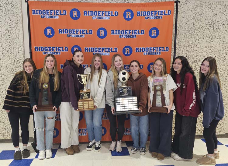 The Ridgefield Spudders won the 2024 Class 2A state championship in girls soccer. This is the team’s second consecutive state title. The nine seniors are pictured here, left to right: Marseille Edwards, Tori Lasch, Marlee Buffham, Nora Martin, Baylee Bushnell, Abigail Vance, Brielle Suomi, Annabelle Rogers, and Alyssa Carney