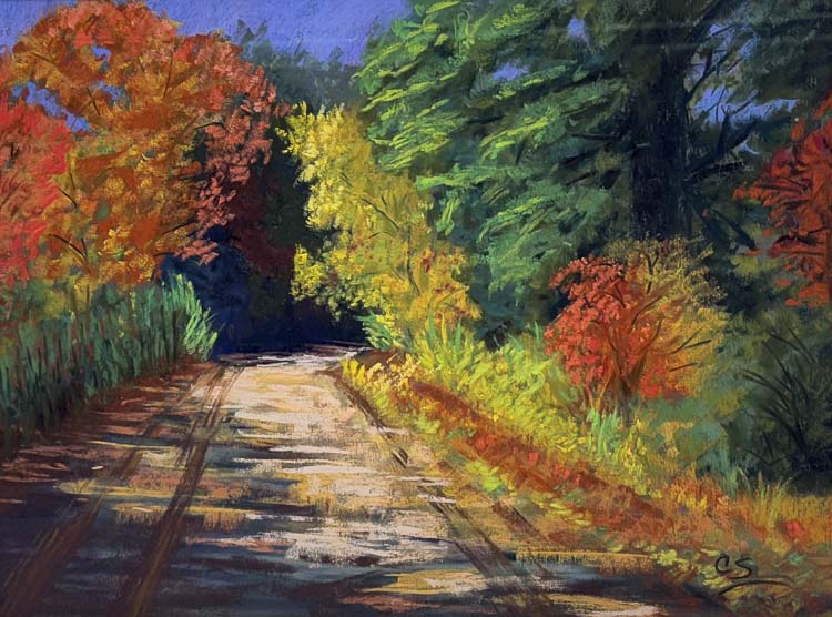 Artwork: “Autumn Stroll” Pastel by Catherine Snyder, 23” x 19” - $465.00. Image courtesy Red Door Gallery