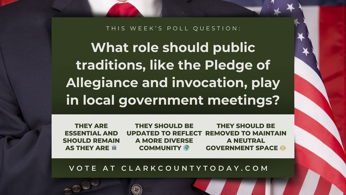 Clark County Council debates the role of public traditions like the Pledge of Allegiance and invocation in local government meetings.