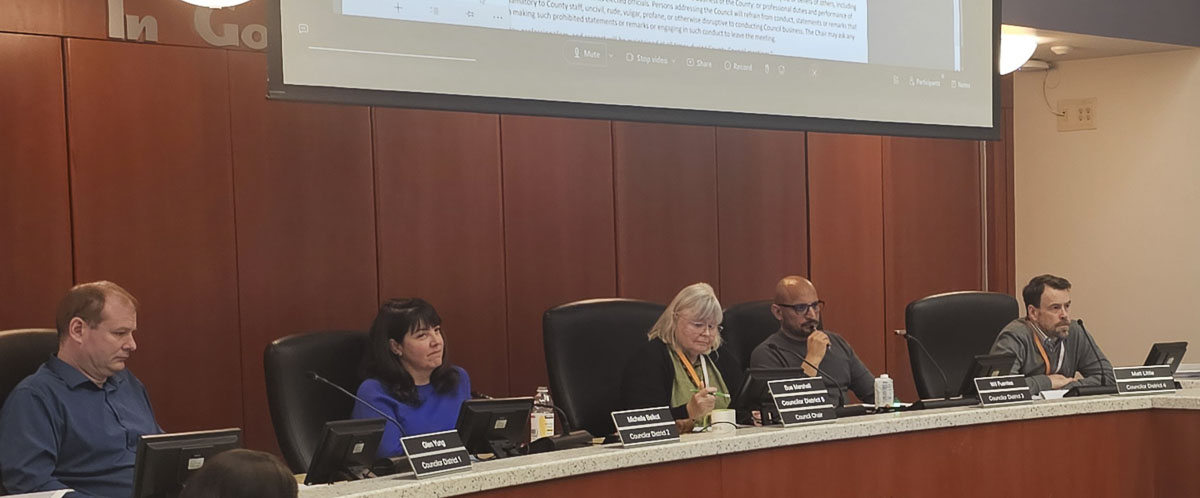 Clark County councilors listen to public comment Wednesday. Many commenters expressed their displeasure with a suggestion that the county end invocation and the Pledge of Allegiance before meetings. Photo by Paul Valencia