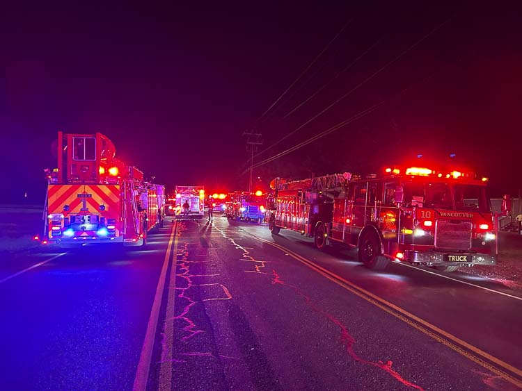 Vancouver Fire apparatus is shown here on the scene of a shop fire. Photo courtesy Vancouver Fire Department