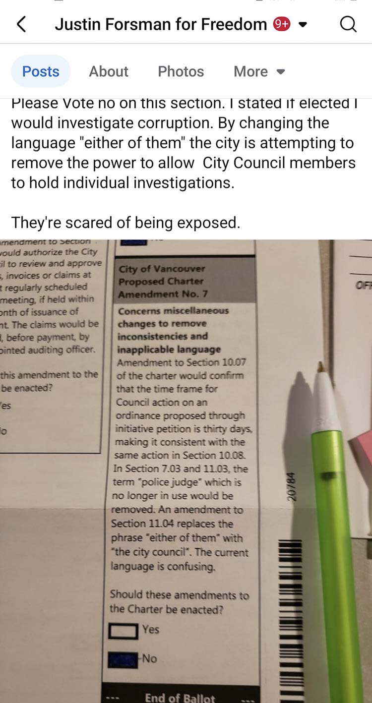 Vancouver resident Justin Forsman calls out a city charter amendment that he claims weakens accountability and urges reforms to restore transparency.