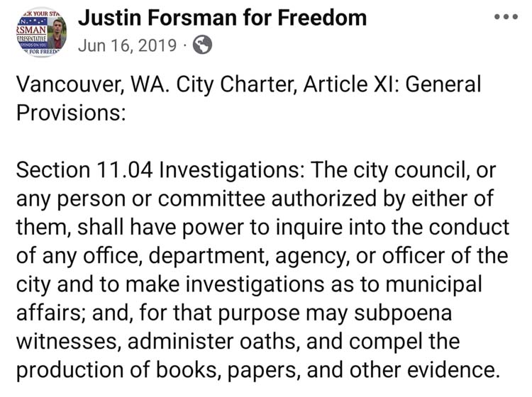 Vancouver resident Justin Forsman calls out a city charter amendment that he claims weakens accountability and urges reforms to restore transparency.