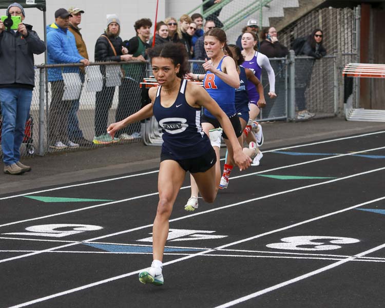 Paris Ackerman of Skyview finishes the 100 on Saturday at the Tiger Invite. Photo courtesy Chris Barker