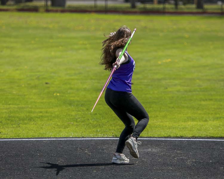 Liliyanne Anitori of Columbia River prepares to launch the javelin Saturday at the Tiger Invite. Photo courtesy Chris Barker