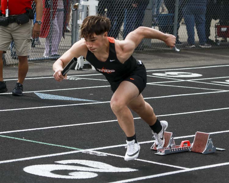 Battle Ground’s Broderick Heerlein takes off to start the 4x100 relay Saturday at the Tiger Invite. Photo courtesy Chris Barker