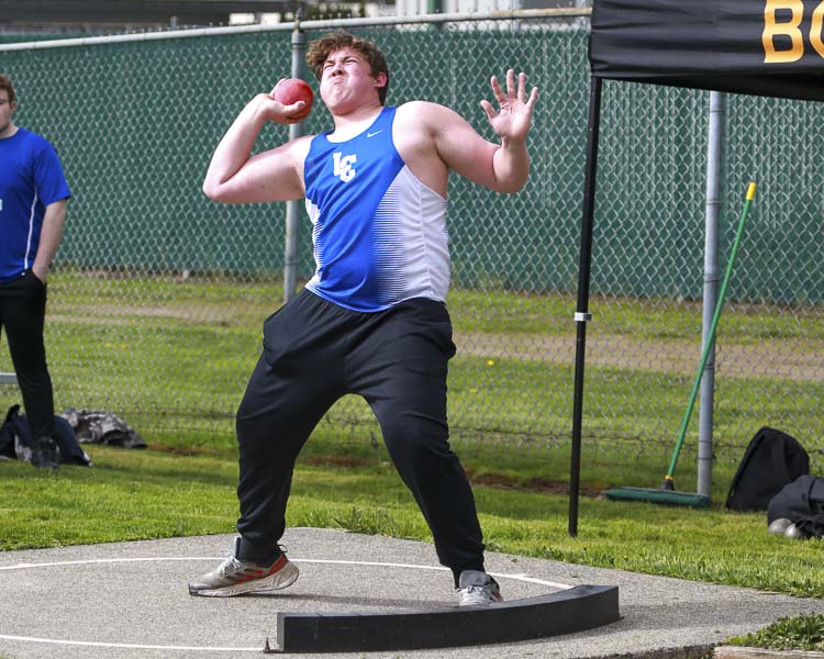 Murdoch Tuntland of La Center gives it his all in the shot put Saturday at the Tiger Invite. Photo courtesy Chris Barker